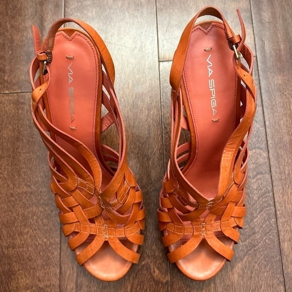 Via Spiga Orange Leather Strappy Heels, Low Platform, Size 9.5 - Picture 2 of 16